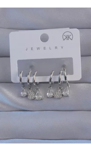 Pirinç Gümüş Renk Zirkon Taşlı Damla Model Çoklu Görünüm Yarım Halka Küpe