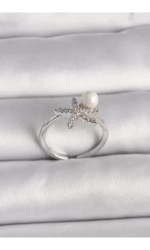 Pirinç Gümüş Renk Zirkon Taşlı Deniz Yıldızı Model İnci Detay Ayarlanabilir Yüzük