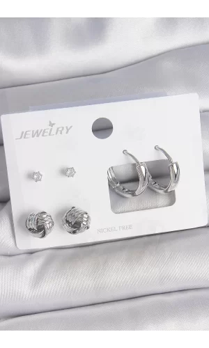 Pirinç Gümüş Renk Zirkon Taşlı Halka Model 3 Çift Kadın Küpe Seti