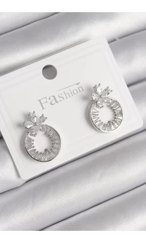 Pirinç Gümüş Renk Zirkon Taşlı Halka Model Çiçek Figür Kadın Küpe