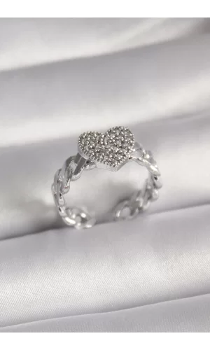 Pirinç Gümüş Renk Zirkon Taşlı Kalp Model Kadın Yüzük