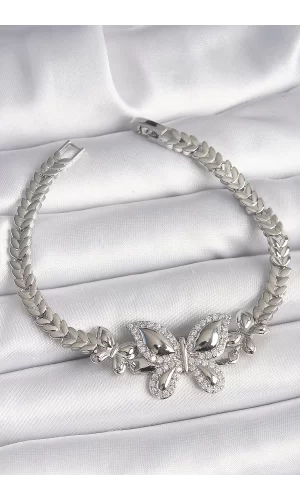 Pirinç Gümüş Renk Zirkon Taşlı Kelebek Model Kadın Bileklik