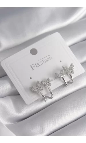 Pirinç Gümüş Renk Zirkon Taşlı Kelebek Model Kadın Küpe