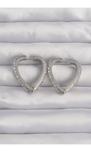 Pirinç Gümüş Renk Zirkon Taşlı Motifli Kalp Küpe