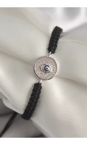 Pirinç Gümüş Renk Zirkon Taşlı Nazar Boncuk İşleme Makrome Asansörlü Model Kadın Bileklik