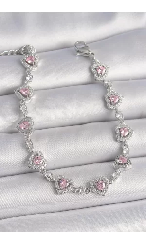 Pirinç Gümüş Renk Zirkon Taşlı Pembe Kalp Model VIP Seri Kadın Bileklik