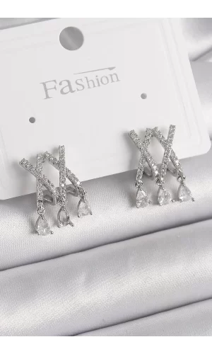 Pirinç Gümüş Renk Zirkon Taşlı X Model Sallantı Detay Kadın Küpe