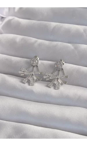 Pirinç Gümüş Renk Zirkon Taşlı Yassı Fiyonk Model Küpe