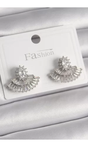 Pirinç Gümüş Renk Zirkon Taşlı Yelpaze Model Kadın Küpe