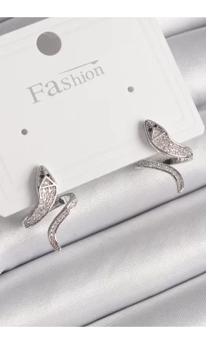 Pirinç Gümüş Renk Zirkon Taşlı Yılan Model Kadın Küpe