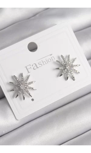 Pirinç Gümüş Renk Zirkon Taşlı Yıldız Model Kadın Küpe