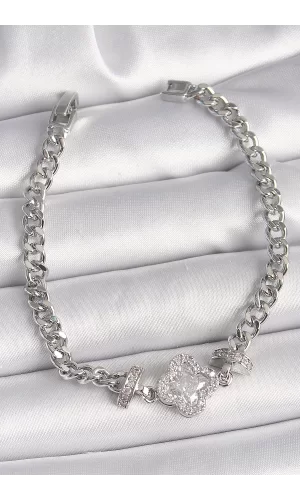 Pirinç Gümüş Renk Zirkon Taşlı Yonca Figür Zincir Model Kadın Bileklik