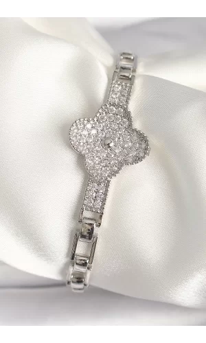 Pirinç Gümüş Renk Zirkon Taşlı Yonca Model Kadın Bileklik