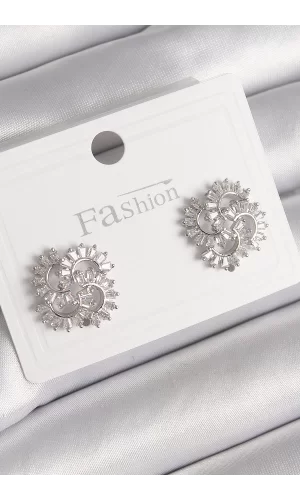 Pirinç Gümüş Renk Zirkon Taşlı Yonca Model Kadın Küpe
