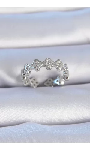 Pirinç Gümüş Renk Zirkon Taşlı Yonca Model Kadın Yüzük