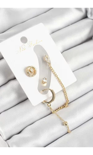 Pirinç Halka Figürlü Zirkon Taşlı Gold Renk 3lü Kıkırdak Kadın Küpe Set