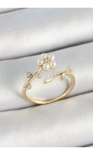 Pirinç İnci Detaylı Papatya Figürlü Zirkon Taşlı Gold Renk Ayarlanabilir Kadın Yüzük