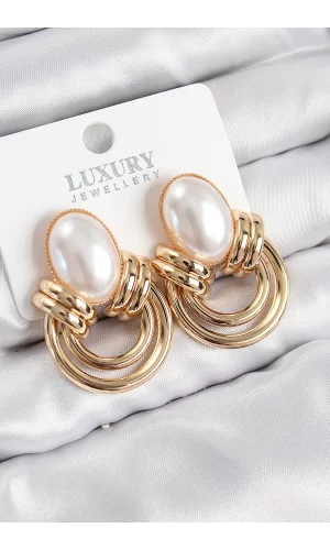 Pirinç İnci Detaylı Vintage Model Gold Renk Kadın Küpe