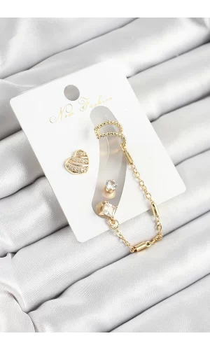 Pirinç Kalp Figürlü Zirkon Taşlı Gold Renk 3lü Kıkırdak Kadın Küpe Set