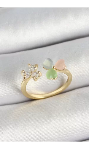Pirinç Kalp Figürlü Zirkon Taşlı Gold Renk Ayarlanabilir Kadın Yüzük