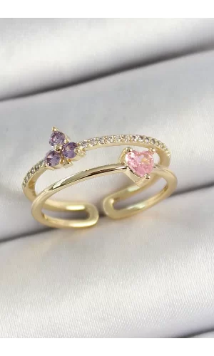 Pirinç Kalp Ve Çiçek Figürlü Zirkon Taşlı Gold Renk Ayarlanabilir Kadın Yüzük