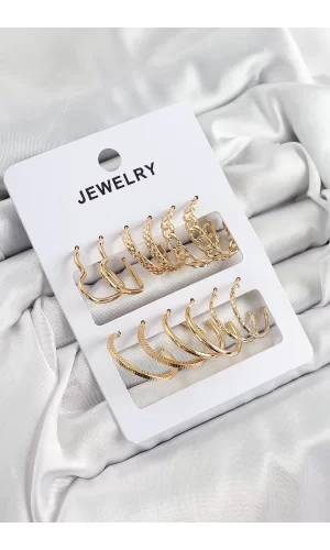 Pirinç Karışık Halka Model Gold Renk 6 Çift Kadın Küpe Set