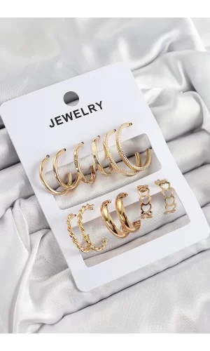 Pirinç Karışık Halka Model Gold Renk 6 Çift Kadın Küpe Set