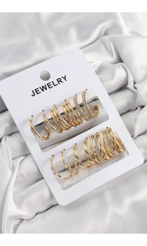 Pirinç Karışık Halka Model Gold Renk 6 Çift Kadın Küpe Set