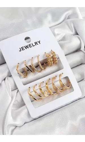 Pirinç Karışık Halka Model Gold Renk 6 Çift Kadın Küpe Set