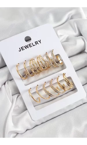 Pirinç Karışık Halka Model Gold Renk 6 Çift Kadın Küpe Set