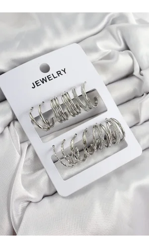 Pirinç Karışık Halka Model Gümüş Renk 6 Çift Kadın Küpe Set