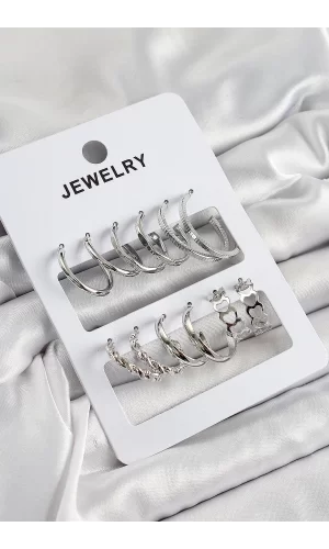 Pirinç Karışık Halka Model Gümüş Renk 6 Çift Kadın Küpe Set