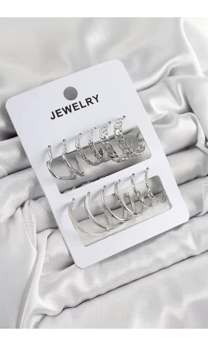 Pirinç Karışık Halka Model Gümüş Renk 6 Çift Kadın Küpe Set