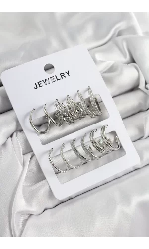 Pirinç Karışık Halka Model Gümüş Renk 6 Çift Kadın Küpe Set