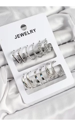 Pirinç Karışık Halka Model Gümüş Renk 6 Çift Kadın Küpe Set