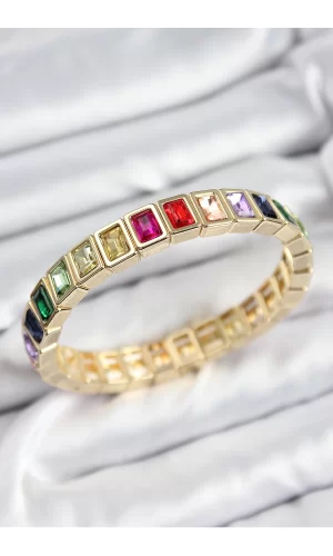 Pirinç Karışık Zirkon Taşlı Dikdörtgen Model Gold Renk Lastikli Kadın Bileklik