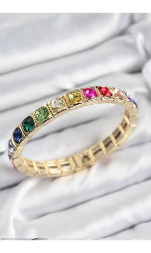 Pirinç Karışık Zirkon Taşlı Kare Model Gold Renk Lastikli Kadın Bileklik