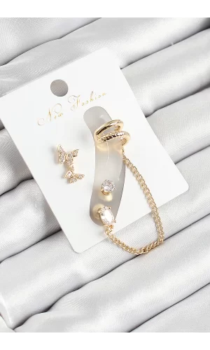 Pirinç Kelebek Figürlü Zirkon Taşlı Gold Renk 3lü Kıkırdak Kadın Küpe Set