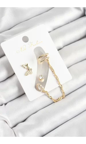 Pirinç Kelebek Figürlü Zirkon Taşlı Gold Renk 3lü Kıkırdak Kadın Küpe Set