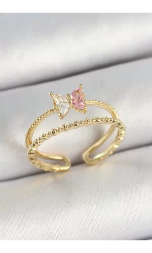 Pirinç Kelebek Figürlü Zirkon Taşlı Gold Renk Ayarlanabilir Kadın Yüzük