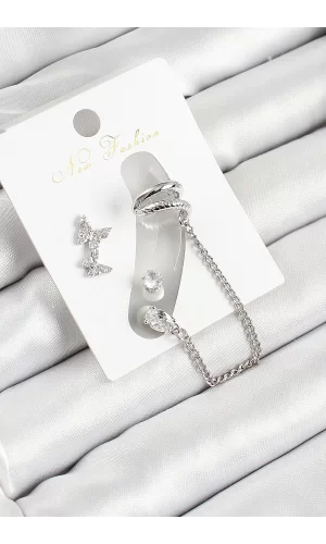 Pirinç Kelebek Figürlü Zirkon Taşlı Gümüş Renk 3lü Kıkırdak Kadın Küpe Set