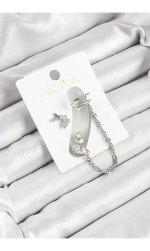 Pirinç Kelebek Figürlü Zirkon Taşlı Gümüş Renk 3lü Kıkırdak Kadın Küpe Set