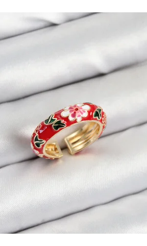 Pirinç Kırmızı Mineli Çiçek Motifli Gold Renk Ayarlanabilir Kadın Yüzük