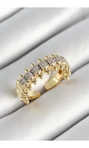Pirinç Kurşun Figürlü Zirkon Taşlı Gold Renk Ayarlanabilir Kadın Yüzük