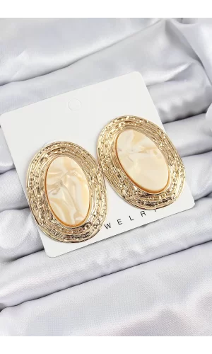 Pirinç Mermer Desenlli Bej Sedef Oval Vintage Model Gold Renk Kadın Küpe