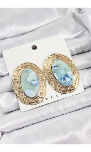 Pirinç Mermer Desenlli Mavi Sedef Oval Vintage Model Gold Renk Kadın Küpe