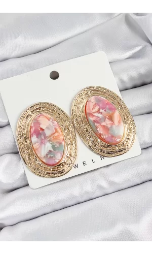 Pirinç Mermer Desenlli Pembe Sedef Oval Vintage Model Gold Renk Kadın Küpe