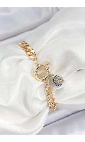 Pirinç Nazar Model Zirkon Taşlı Gold Renk VİP Seri Kadın Bileklik