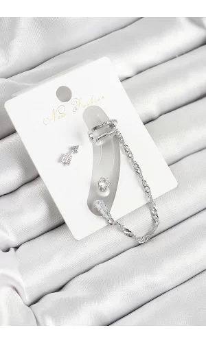 Pirinç Ok Figürlü Zirkon Taşlı Gümüş Renk 3lü Kıkırdak Kadın Küpe Set