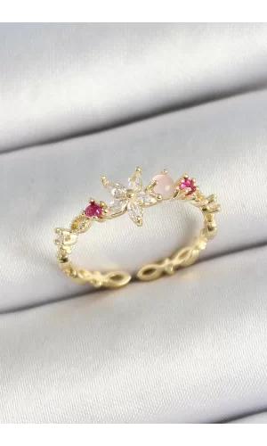 Pirinç Papatya Figürlü Zirkon Taşlı Gold Renk Ayarlanabilir Kadın Yüzük